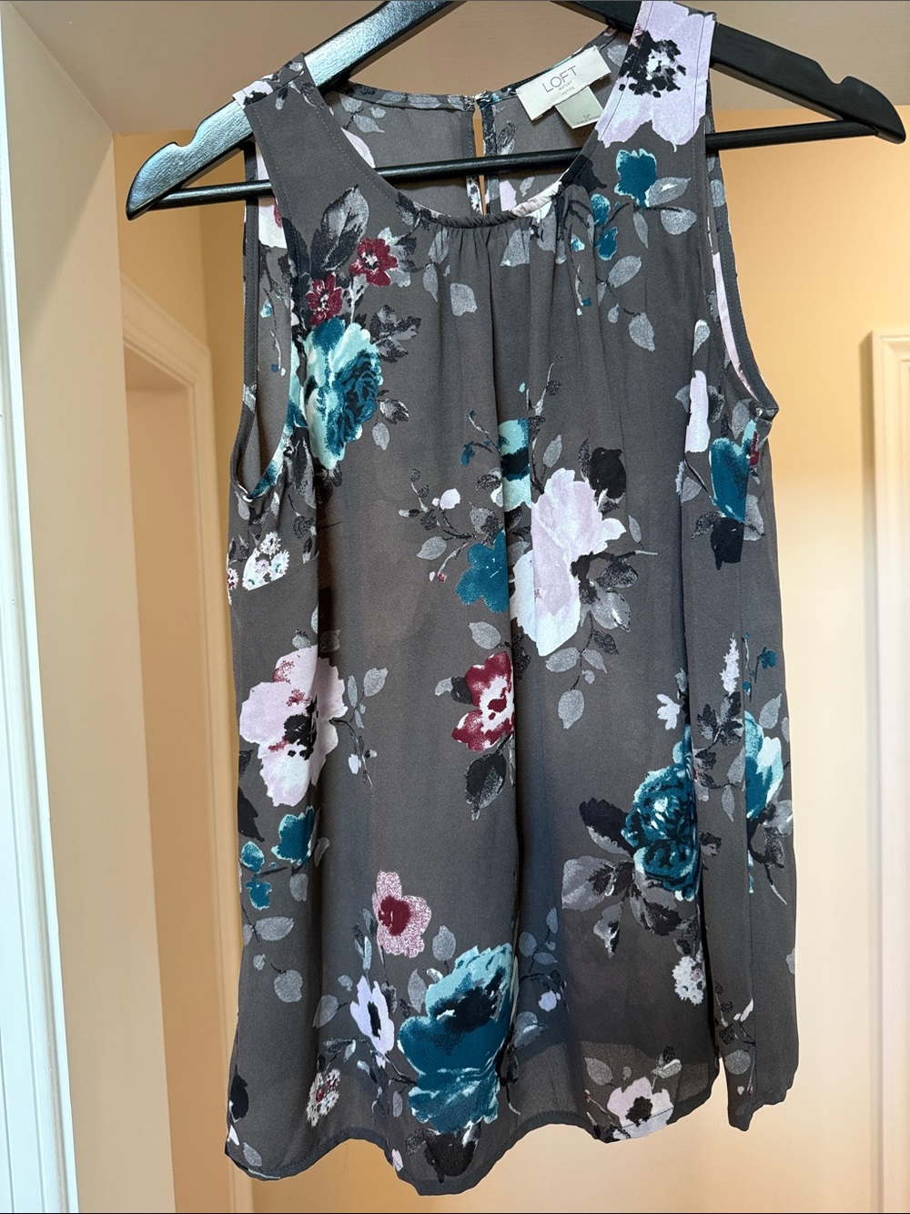 LOFT Gray Floral Sleeveless Tank with Teal & Pink Blooms